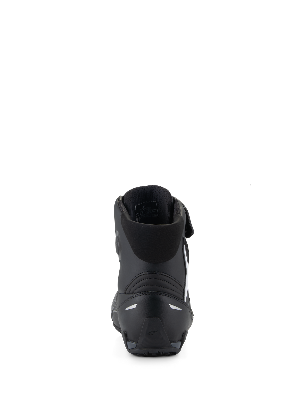 Alpinestars Faster-4 Schuhe, schwarze Motorradschuhe, Rückansicht mit TPR-Fersenkappe und reflektierenden Akzenten, gepolsterter Textilkragen, leistungsorientiertes Design für sportliche Straßenfahrten