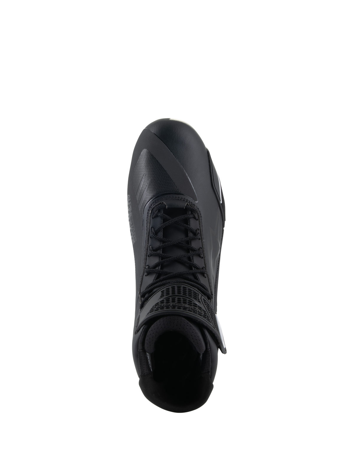 Alpinestars Faster-4 Schuhe, schwarze Motorradschuhe, Draufsicht, mit traditionellem Schnürsystem, nahtlosem Mikrofaser-Obermaterial und gepolstertem Knöchelbereich.