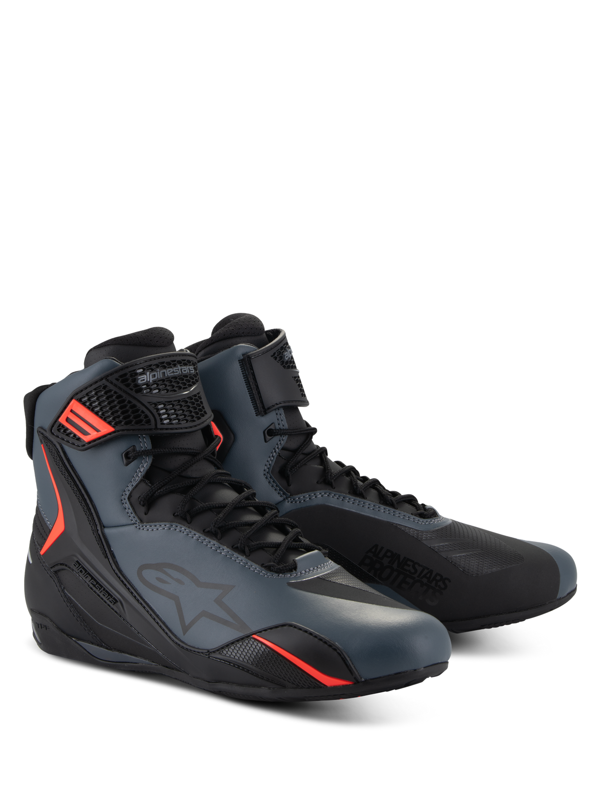 Alpinestars Faster-4 Schuhe, Motorradschuhe, Schwarz, Grau und Rot Fluo, nahtloses Obermaterial aus Mikrofaser mit schützenden TPU-Einsätzen, Schnürverschluss mit Klettverschlussriemen, sportliches aerodynamisches Profil für Straßenfahrten