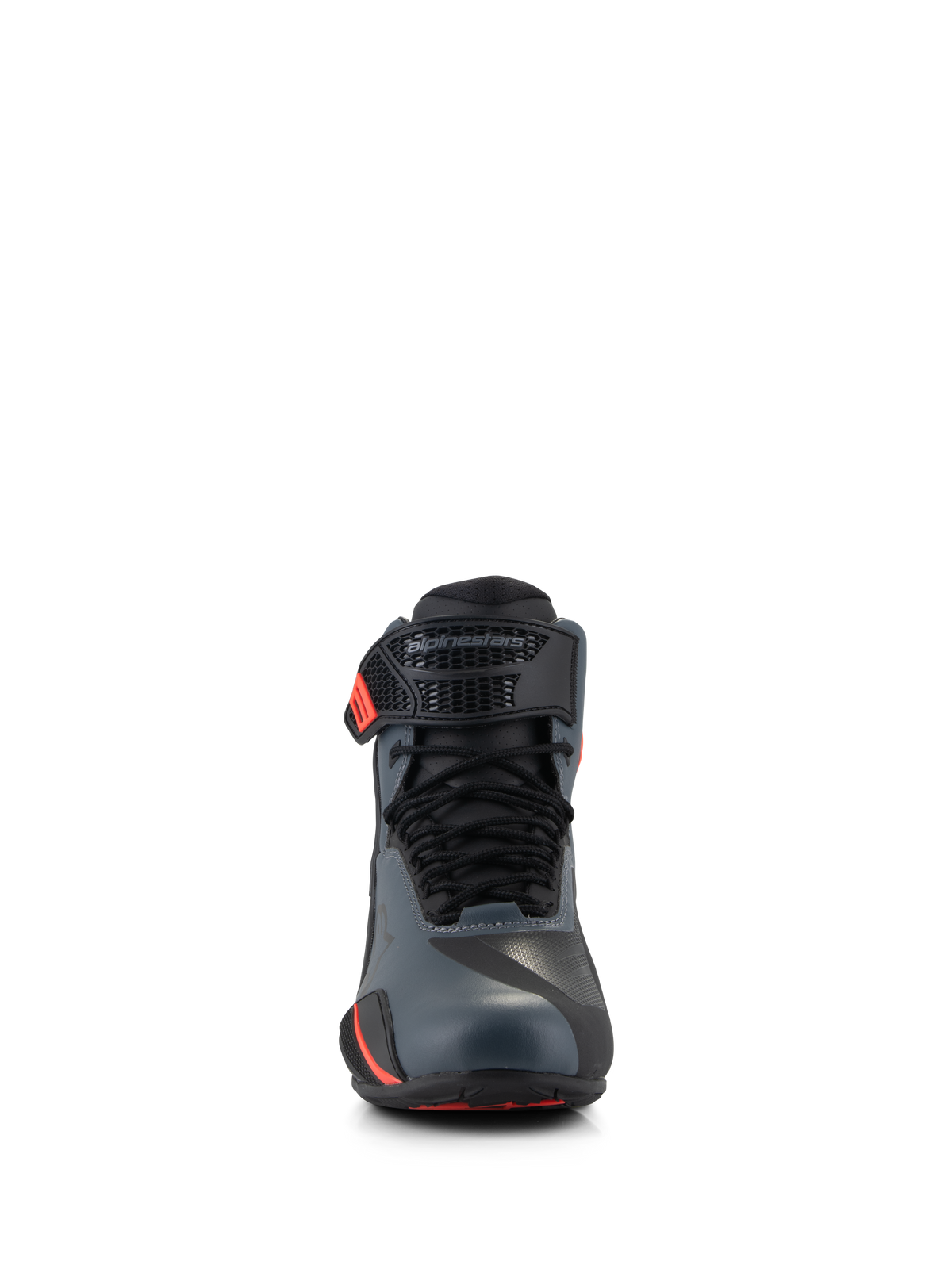 Alpinestars Faster-4 Schuhe, Motorradschuhe, Schwarz, Grau und Fluo-Rot, Vorderansicht mit nahtlosem Mikrofaser-Obermaterial, traditionellen Schnürsenkeln und verstellbarem Knöchelriemen mit Alpinestars-Logo