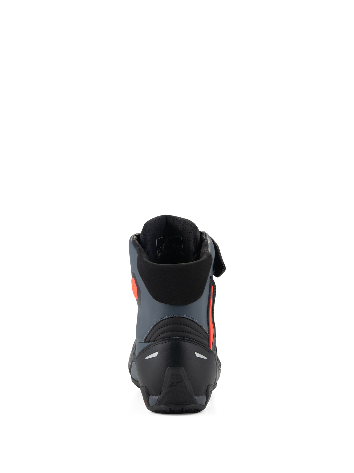 Alpinestars Faster-4 Schuhe, Motorradschuhe, Schwarz, Grau und Rot Fluo, Rückansicht mit verstärkter Fersenkappe, Knöchelunterstützung und schlankem, sportlich inspiriertem Design.