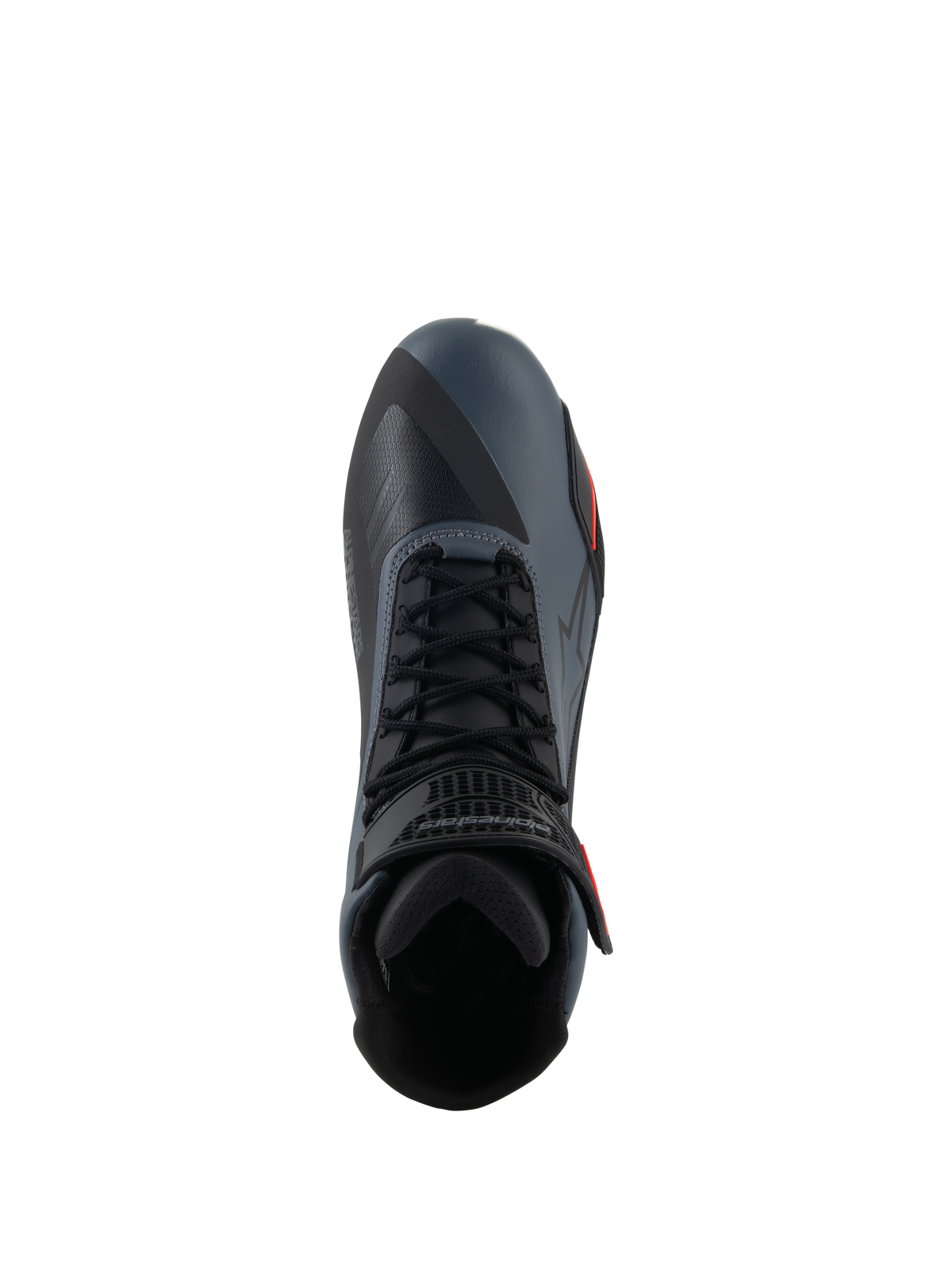 Alpinestars Faster-4 Schuhe, Motorradschuhe, Schwarz, Grau und Fluo-Rot, Draufsicht mit Fokus auf Schnürverschluss und Knöchelriemen, technisches Mikrofaser-Obermaterial mit nahtlosen Paneelen, sportliches Design für Performance-Straßenfahrten.