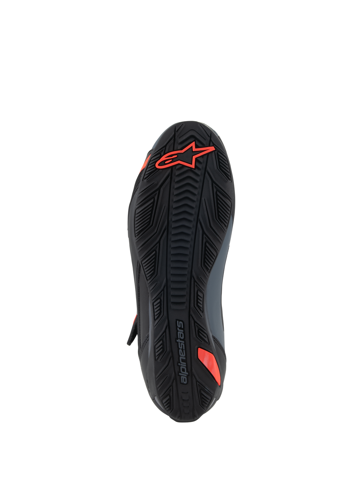 Alpinestars Faster-4 Schuhe, Motorradschuhe, Schwarz und Rot Fluo, Unteransicht mit strukturierter Gummisohle, rotem Astars-Logo und geprägtem Branding, entwickelt für Grip und Langlebigkeit.