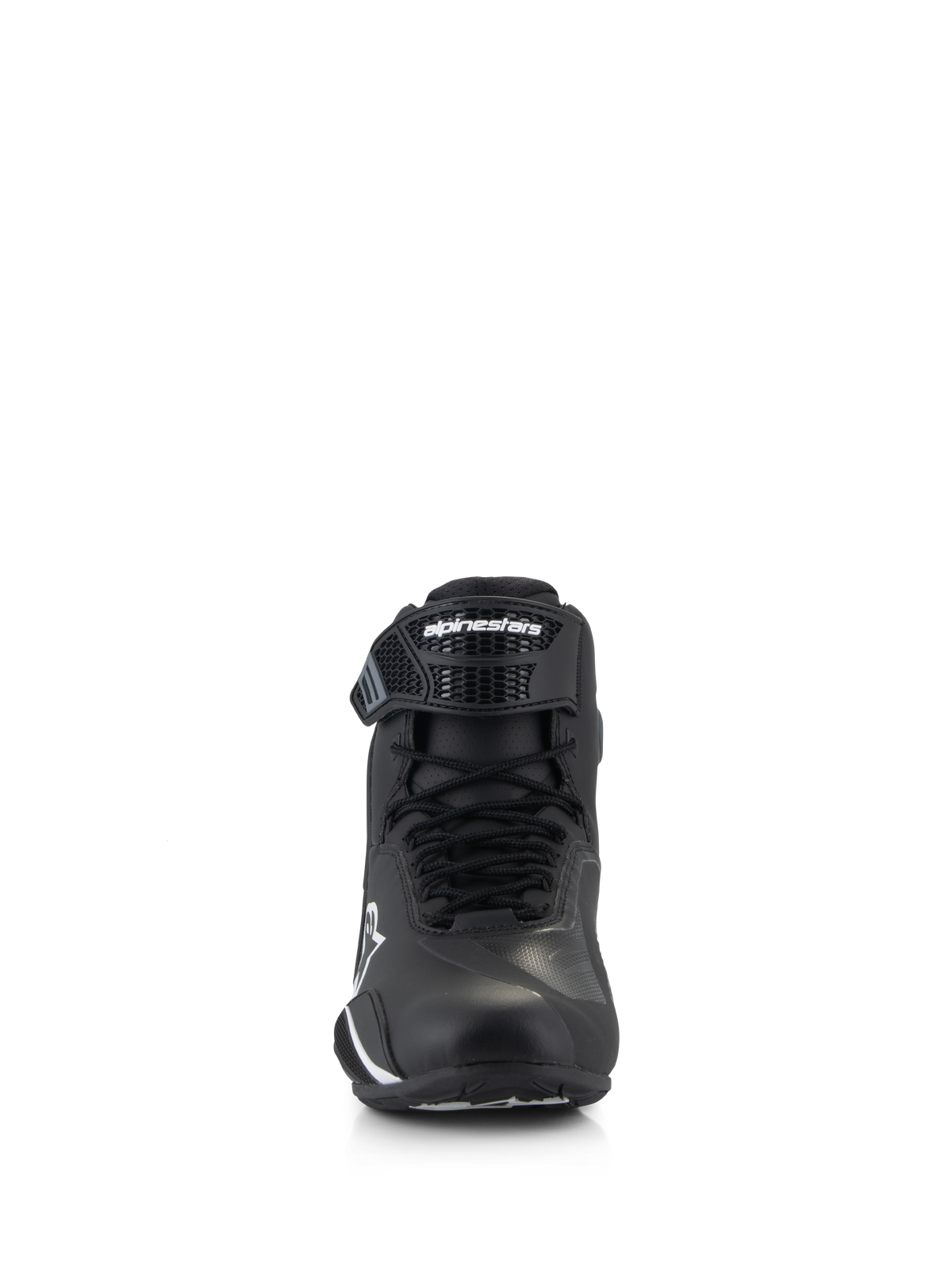 Alpinestars Faster-4 Schuhe, Motorradschuhe, Schwarz und Weiß, Frontansicht mit Schnürverschluss und verstellbarem TPR-Knöchelriemen mit Alpinestars-Logo, schlankes und schützendes Design für Straßenfahrten
