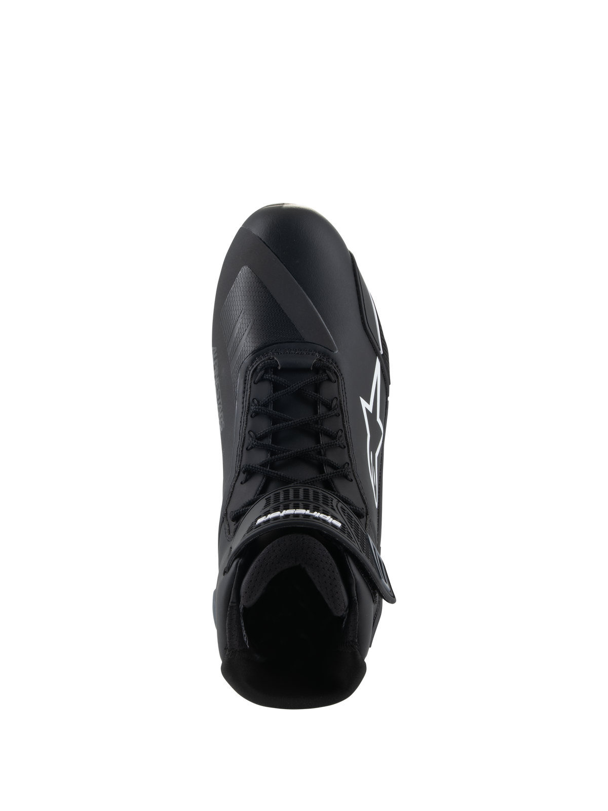 Alpinestars Faster-4 Schuhe, Motorradschuhe, Schwarz und Weiß, Draufsicht zeigt Schnürverschluss, Klettverschluss am Knöchel und weißes Alpinestars-Logo an der Seite