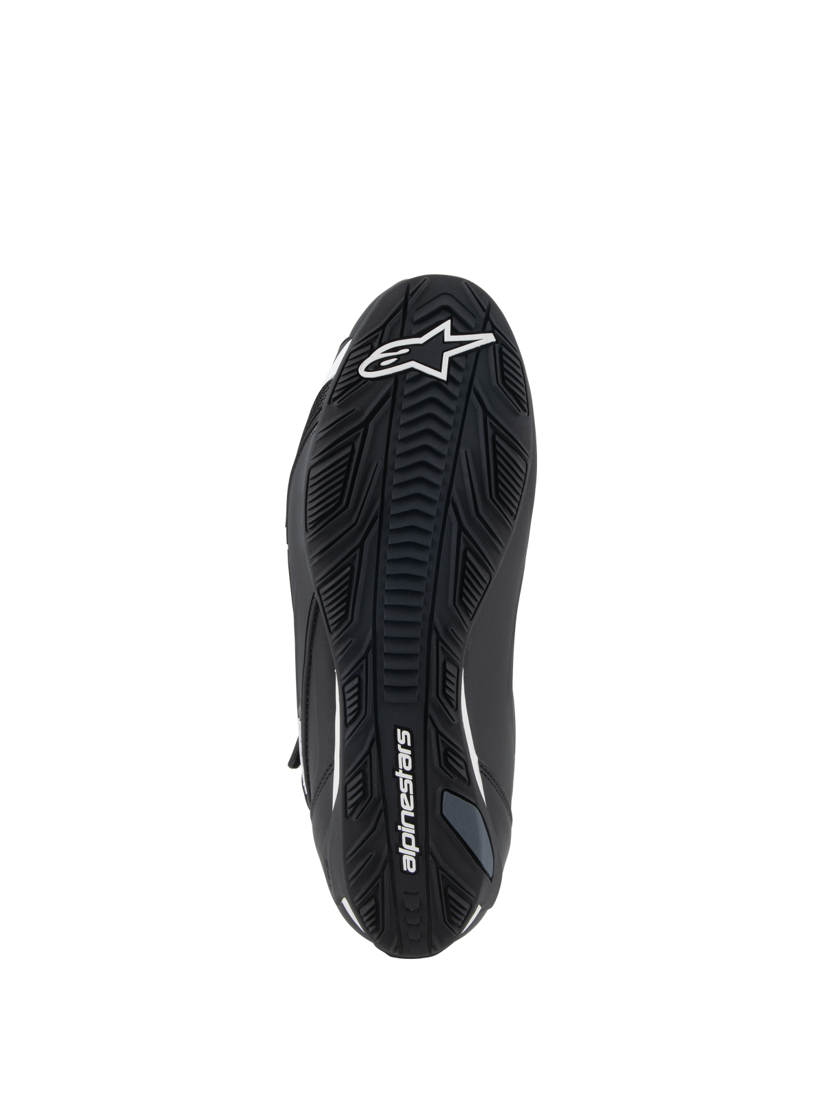 Alpinestars Faster-4 Schuhe, Motorradschuhe, Schwarz und Weiß, Ansicht der texturierten Gummisohle, mit weißem Alpinestars Stern-Logo an der Zehenpartie und Wortmarke am Fußgewölbe, griffige Außensohle für Performance auf der Straße