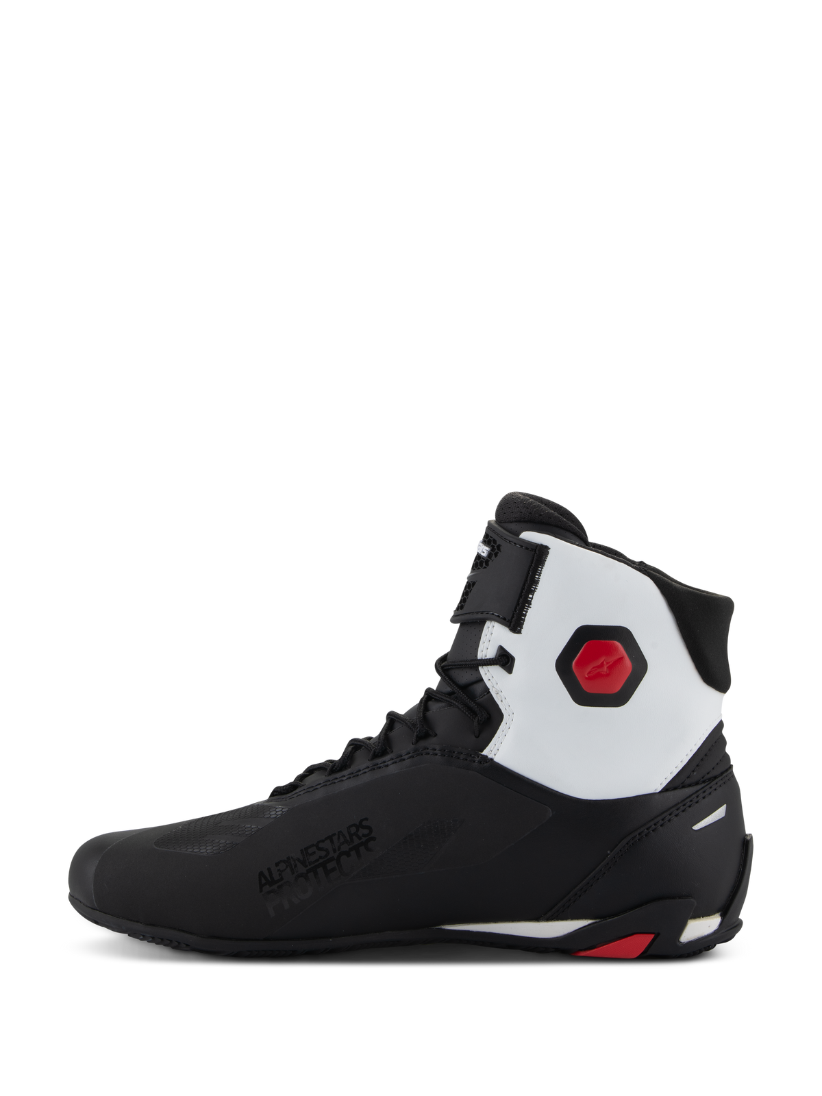 Alpinestars Faster-4 Shoes, Motorcycle Riding Shoes, Black White and Red, side profile view featuring a black microfiber upper with a white ankle panel, red hexagonal protector, lace-up closure with a top strap, and 'Alpinestars Protects' branding.