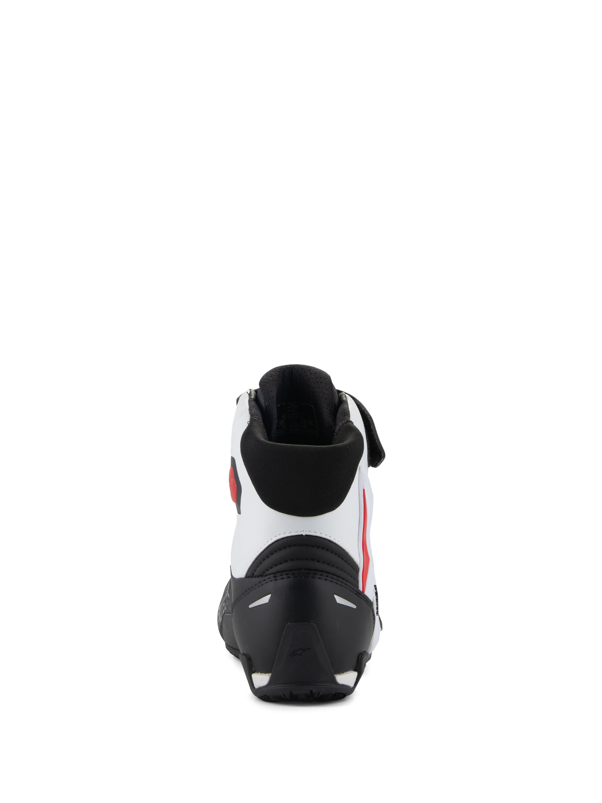 Alpinestars Faster-4 Shoes, rear view, black white and red, featuring a black TPR heel counter, white microfiber upper with red accents, and black padded collar, performance motorcycle riding footwear
