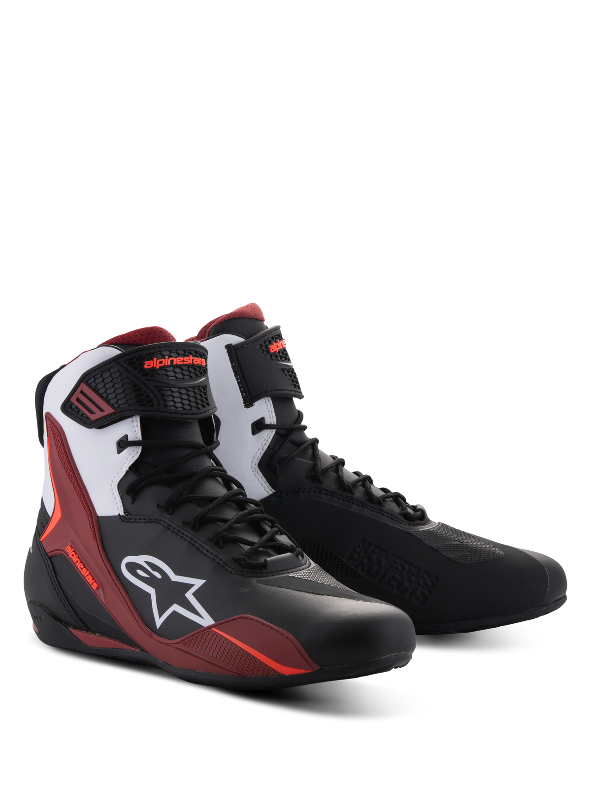 Alpinestars Faster-4 Shoes, Motorcycle Riding Shoes, Black White and Dark Red, featuring lace-up closure with an ankle strap, white Alpinestars logo on the side, sporty design with reinforced protection for road riding