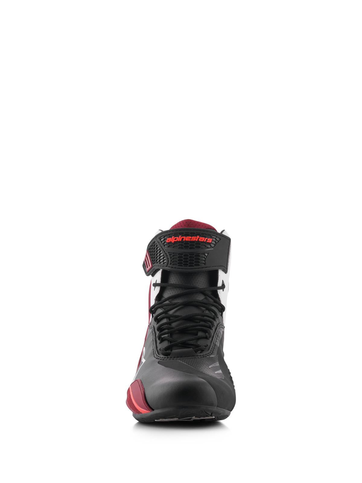 Alpinestars Faster-4 Shoes, Black White Dark Red, front view of motorcycle riding footwear, featuring black microfiber upper with red accents, lace-up closure, and velcro ankle strap with red Alpinestars branding