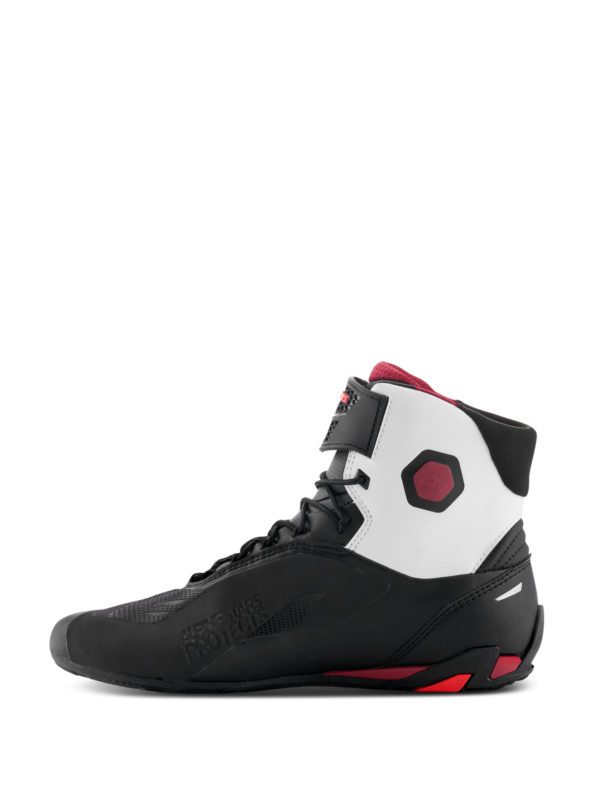 Alpinestars Faster-4 Shoes, Motorcycle Riding Shoes, Black White and Dark Red, medial profile view featuring white upper collar panels, black microfiber chassis, and dark red accents on the heel and ankle.