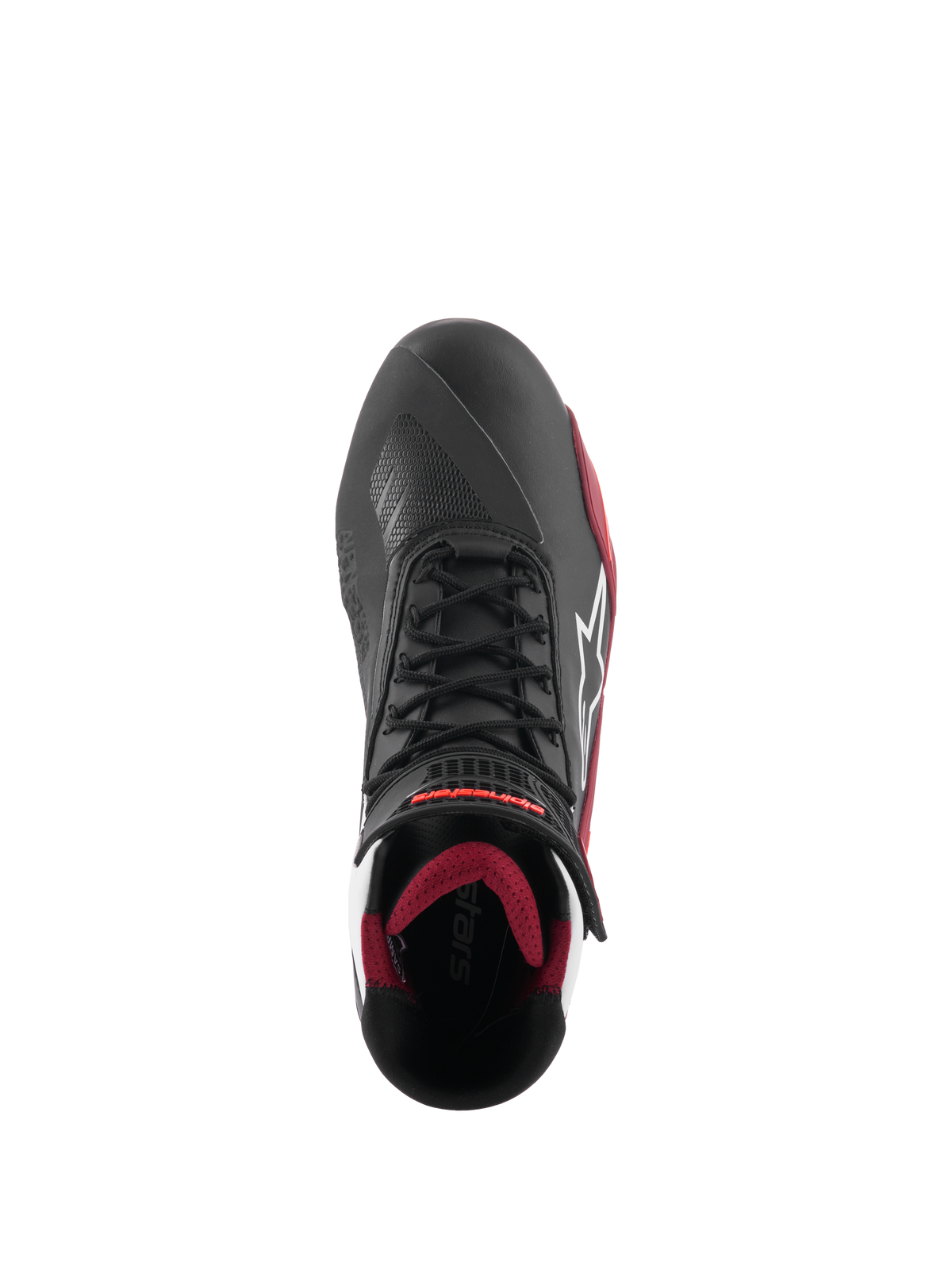 Alpinestars Faster-4 Shoes, Motorcycle Riding Shoes, Black White and Dark Red, top-down view featuring traditional lace closure, white Alpinestars star logo, and dark red padded interior lining.