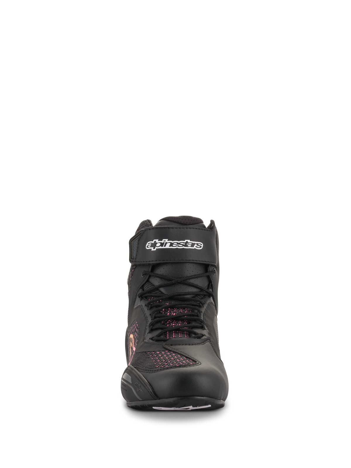 Alpinestars Women Stella Faster-3 Rideknit® Shoes, Black Yellow Pink, front view showing seamless knitted construction, laces and velcro ankle strap with white Alpinestars logo, lightweight motorcycle riding footwear