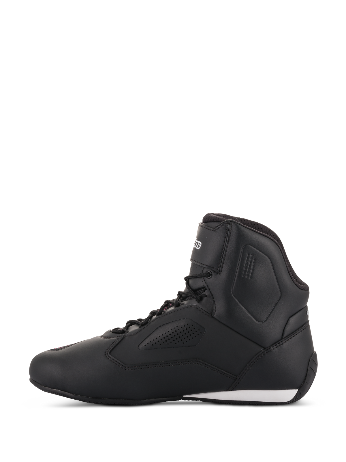 Alpinestars Damen Stella Faster-3 Rideknit® Schuhe, Motorradschuhe in Schwarz-Gelb-Pink, Seitenansicht, mit schlankem High-Top-Design, perforierten Einsätzen und einem weißen Akzent an der Ferse.
