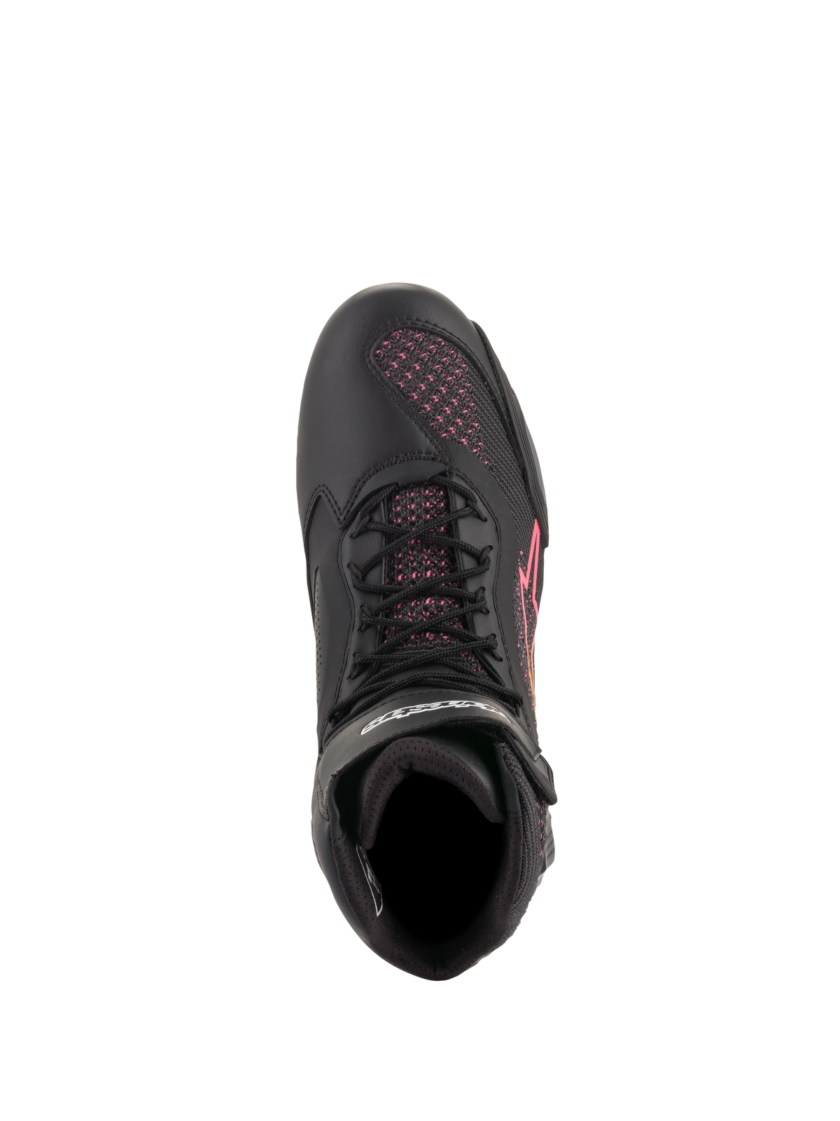 Alpinestars Women Stella Faster-3 Rideknit® Shoes, Motorcycle Riding Shoes, Black Yellow Pink, top-down view highlighting black laces and pink knitted mesh panels, lightweight and breathable sport footwear