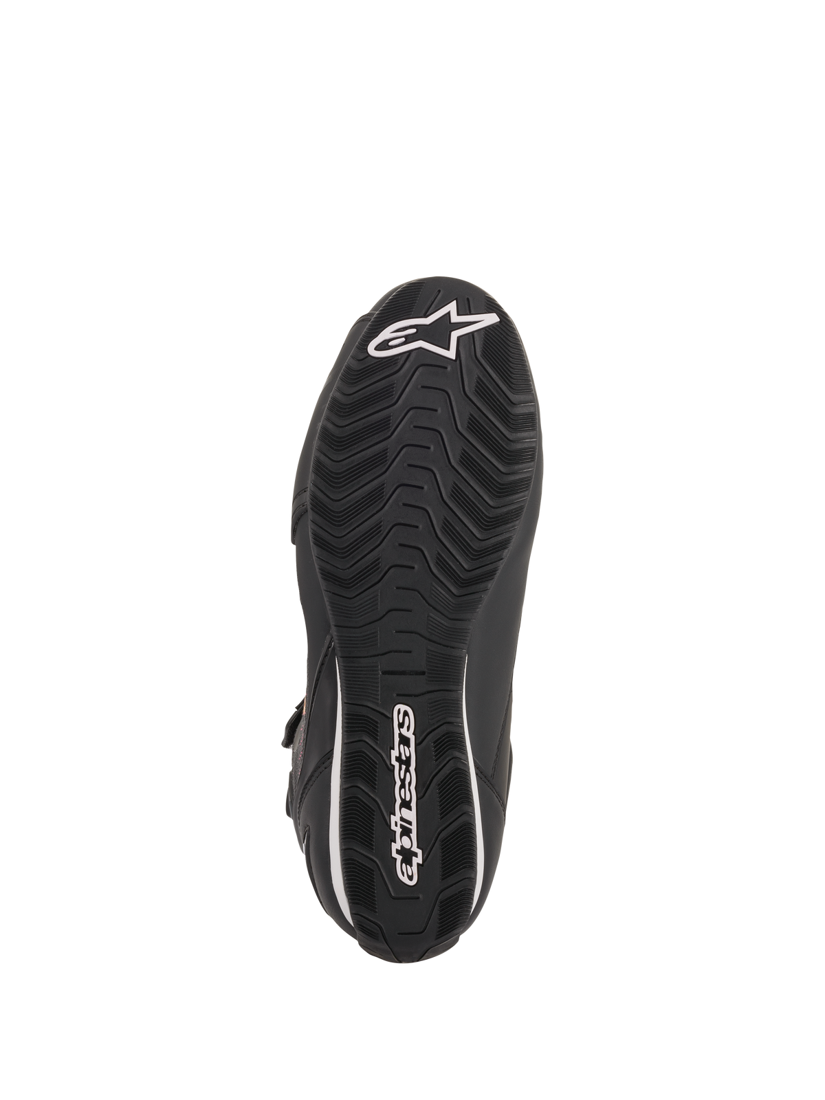 Alpinestars Women Stella Faster-3 Rideknit® Shoes, Black Yellow Pink, outsole view featuring black rubber sole with wavy textured tread, white Alpinestars logo and wordmark, durable design for motorcycle road riding