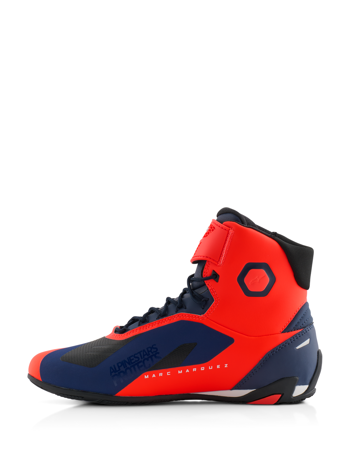 Alpinestars MM93 Faster-4 Shoes, Motorcycle Riding Shoes, Red Fluo and Dark Blue, side profile view featuring Marc Marquez branding, lace closure with top strap, sleek performance design for road riding