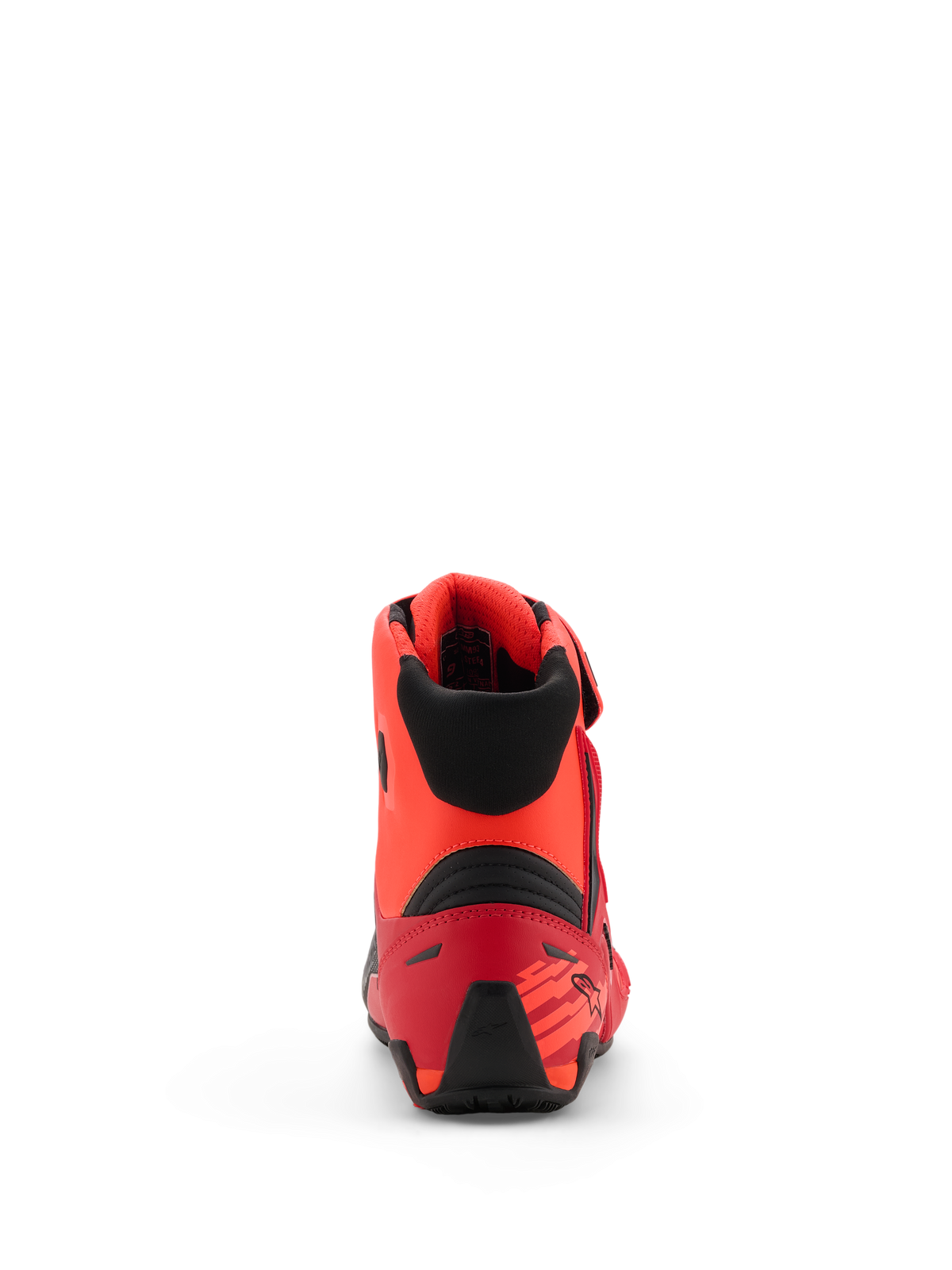 Alpinestars MM93 Faster-4 Schuhe, Motorradschuhe, Red Fluo Bright Red und Schwarz, Rückansicht mit TPR-Fersenkappe und schwarzem Textilkragen, ergonomisches Design mit vom Rennsport inspirierten Akzenten