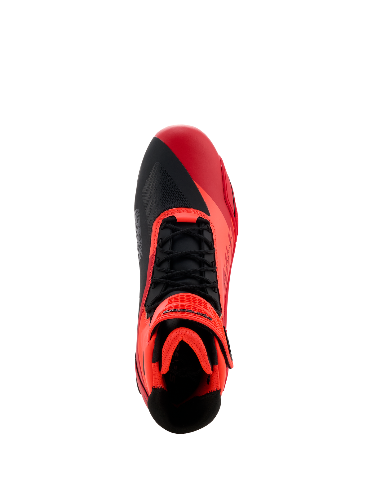 Alpinestars MM93 Faster-4 Schuhe, Motorradschuhe, Neonrot, Hellrot und Schwarz, Draufsicht mit schwarzen Schnürsenkeln und rotem Klettverschluss, asymmetrisches Zehendesign, gepolsterter Innenbereich für sportliches Fahren