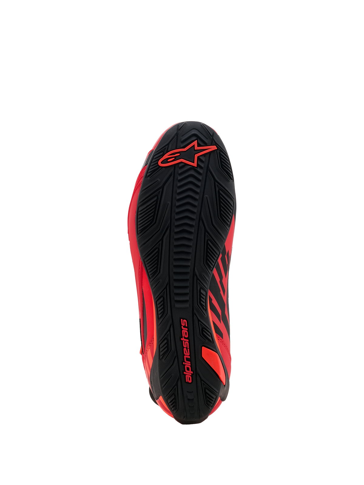 Alpinestars MM93 Faster-4 Schuhe, Motorradschuhe, Red Fluo Bright Red und Schwarz, Ansicht der Sohlenunterseite mit strukturiertem Gummiprofil, mit rotem Alpinestars-Branding an der Ferse und am Vorderfuß, Hochleistungs-Racing- und Sport-Schuhdesign