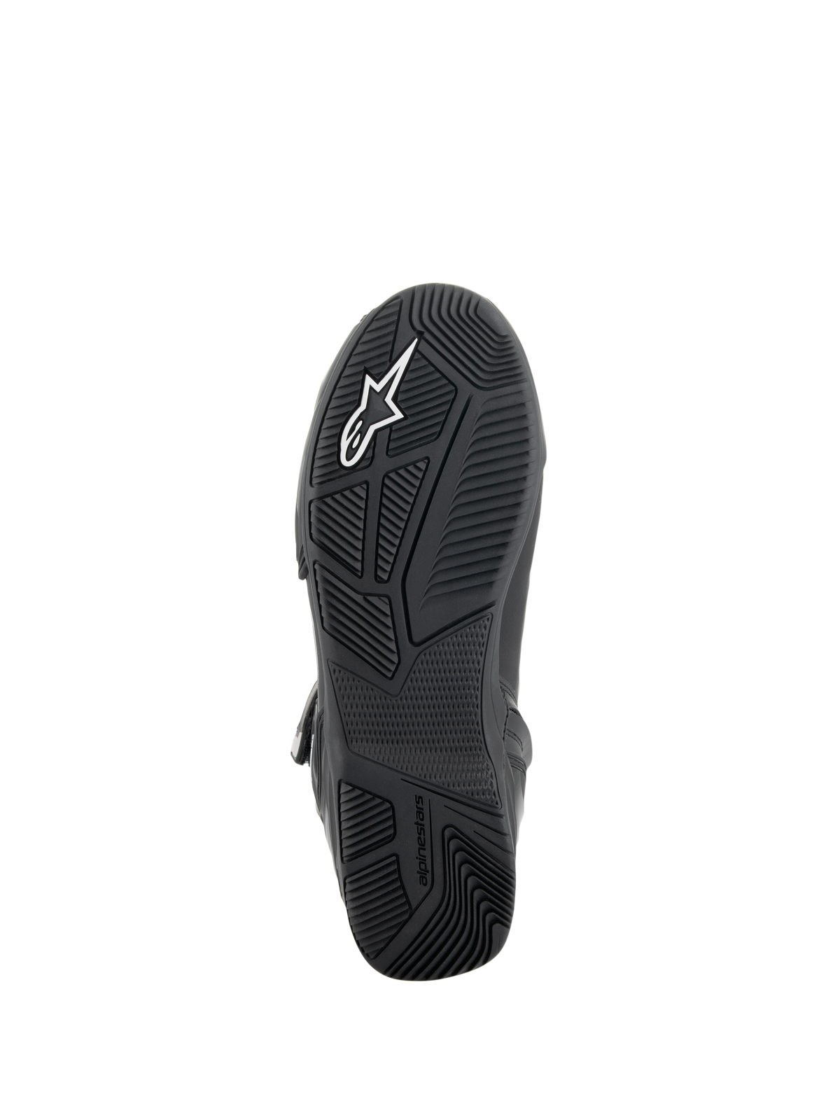Alpinestars Superfaster Shoes, Bottom view of the sole, Black rubber outsole with engineered multi-directional grip patterns, featuring white Alpinestars logo and embossed branding, technical footwear design for motorcycle riding