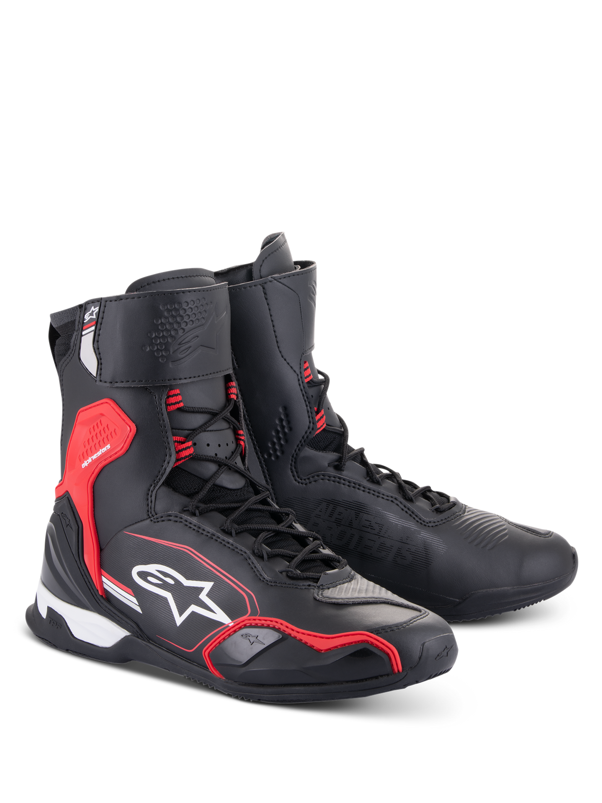 Alpinestars Superfaster Schuhe, Motorradschuhe, Schwarz, Hellrot und Weiß, High-Top-Design mit Schnellschnürsystem, verstärkter Knöchel- und Fersenschutz, mit Alpinestars-Branding und technischer Mikrofaser-Konstruktion