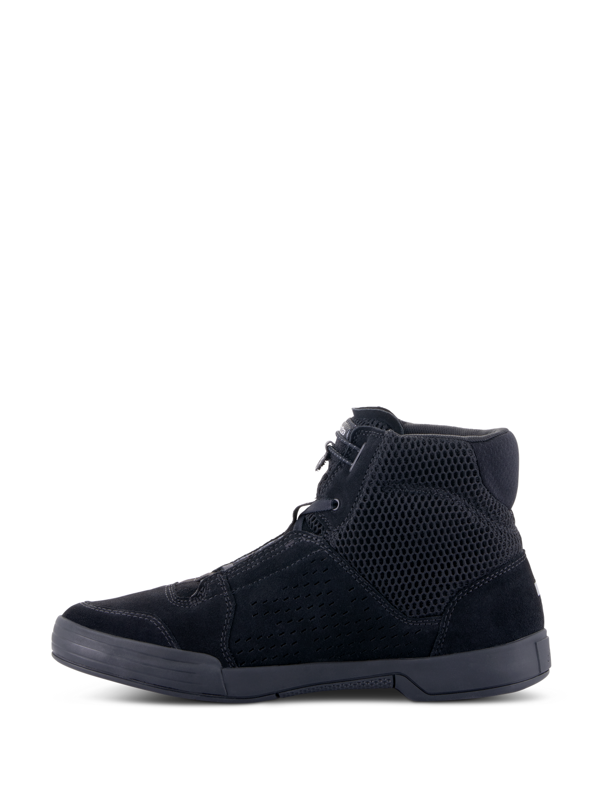 Alpinestars Chrome Air Shoe, Urban Motorcycle Riding Shoe, Black/Black, side profile view, high-top sneaker design with breathable mesh and split suede construction, flat rubber sole