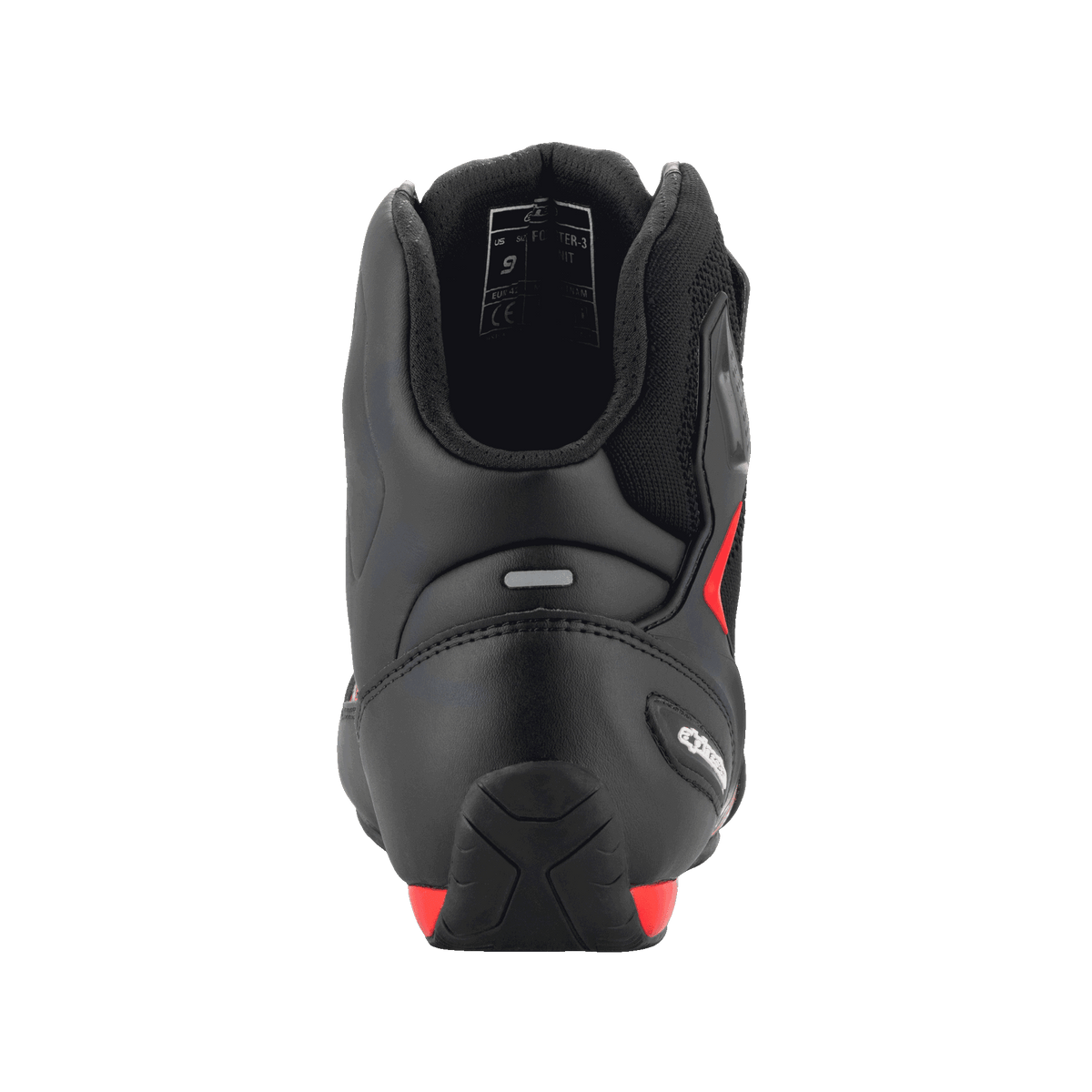 Alpinestars FQ20 Faster-3 Rideknit® Shoes, Black and Bright Red, rear view highlighting the contoured heel counter, reflective strip, and padded ankle collar, technical motorcycle riding footwear