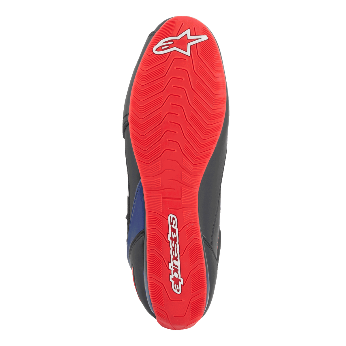 Alpinestars FQ20 Faster-3 Rideknit® Shoes, bottom view of the sole, bright red with white Alpinestars logo and script, textured grip pattern for motorcycle riding.