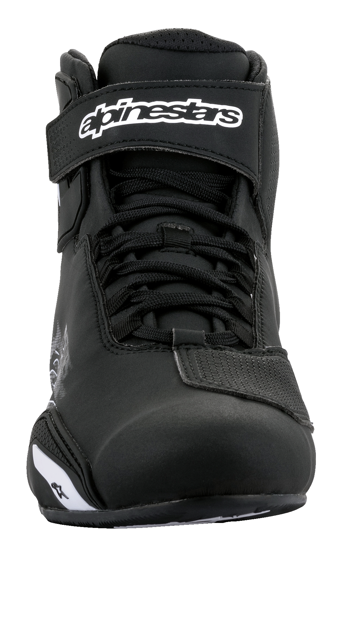 Alpinestars Sektor Schuhe, Motorradschuhe, Schwarz und Weiß, Vorderansicht mit Speed-Lacing-System und Knöchel-Klettverschluss mit weißem Logo, schlanke Mikrofaser-Konstruktion für Straßenfahrten