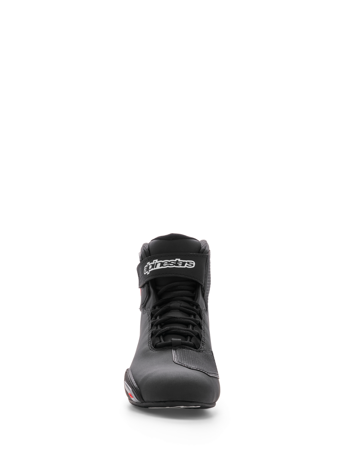 Alpinestars Sektor Schuh, Motorradschuh, Schwarz, Vorderansicht mit Mikrofaser-Chassis, Schnellverschlusssystem und Knöchelriemen mit weißem Alpinestars-Logo, elegantes sportliches Design für Straßenfahrten