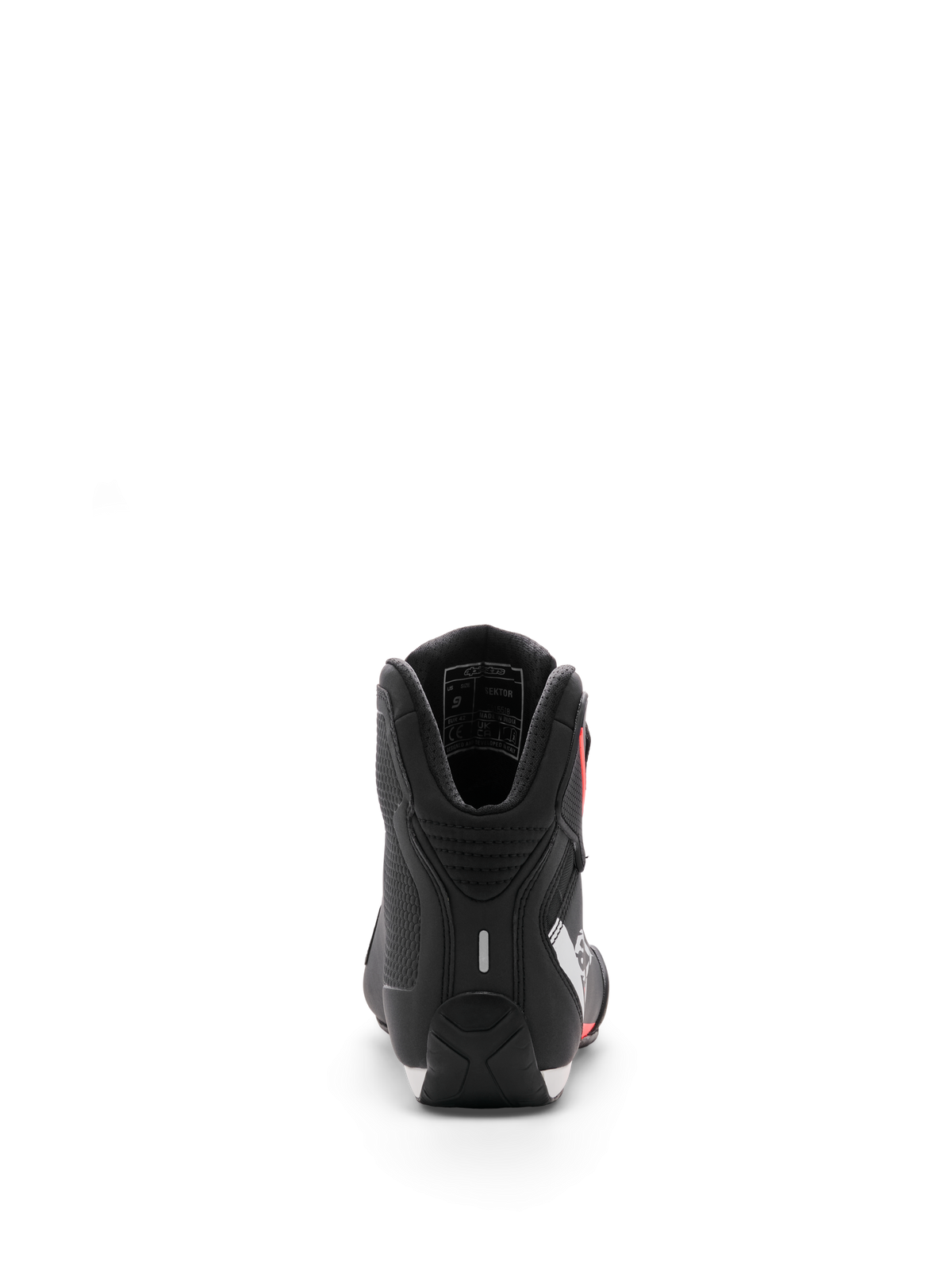Alpinestars Sektor Schuh, Motorradschuhe, Schwarz Weiß Rot Fluo, Rückansicht mit Fokus auf die Ferse und die interne Knöchelpolsterung, elegantes Mikrofaser-Finish für Sport- und Straßeneinsatz
