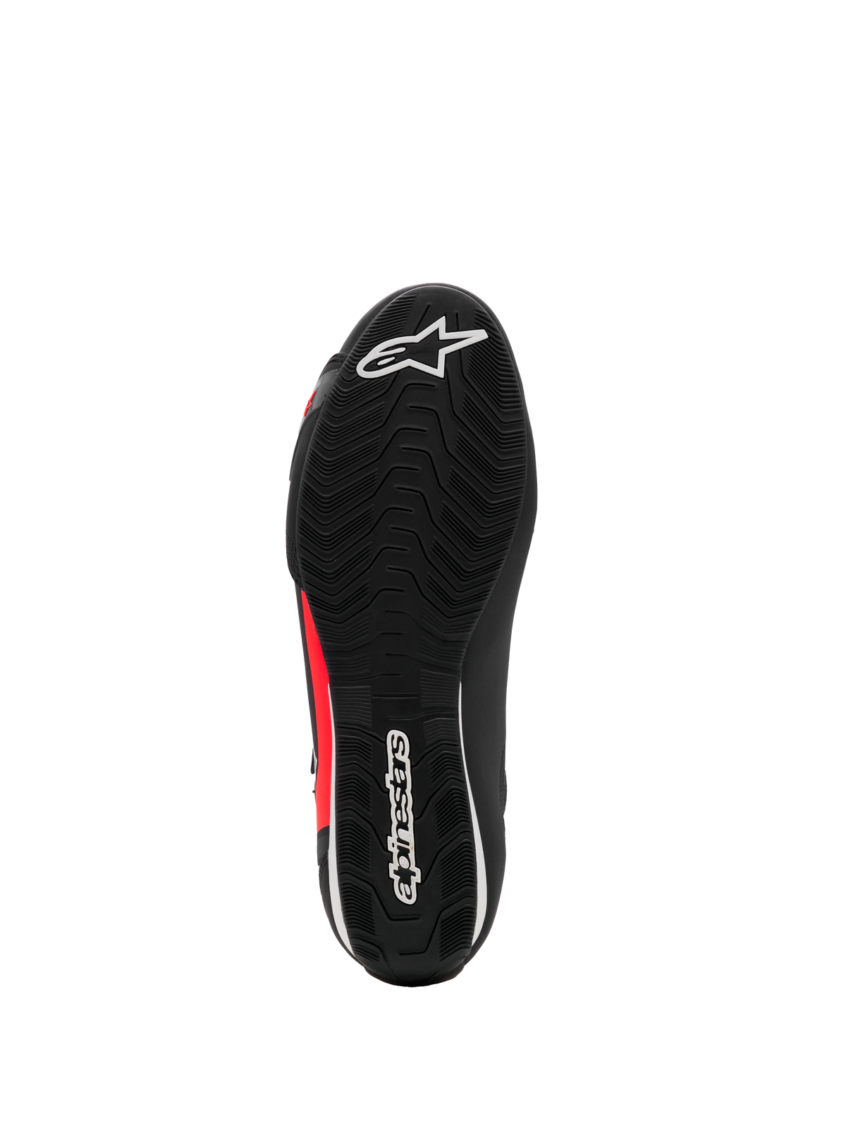 Alpinestars Sektor Schuh, Motorradschuhe, Schwarz, Weiß und Fluo-Rot, Unteransicht mit strukturierter Gummisohle mit weißen Logos und roten Akzenten, leichtes Design für Straßen-Fahrerschuhe