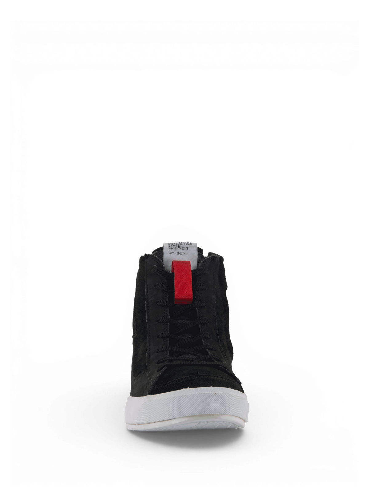 Alpinestars Stated Shoes, black urban motorcycle riding shoes for men with white vulcanized soles and red pull tabs.