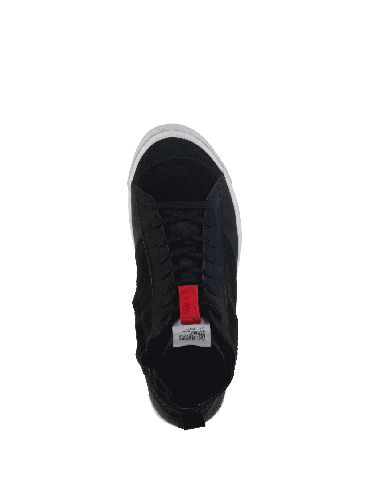 Alpinestars Stated Shoes, black urban motorcycle riding sneakers with red accents and suede construction.