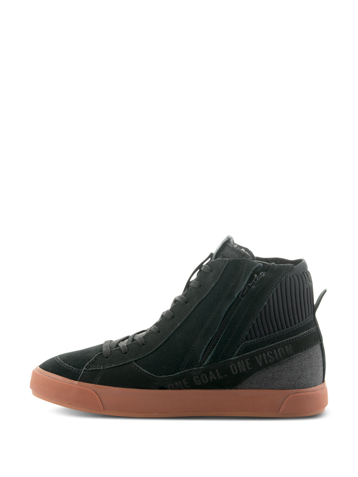 Alpinestars Stated Schuhe, Urban-Motorradschuhe, Schwarz und Gum, Seitenansicht mit seitlichem Reißverschluss, vulkanisierter Gummisohle und „ONE GOAL. ONE VISION.“-Schriftzug auf dem Obermaterial aus Wildleder und Canvas