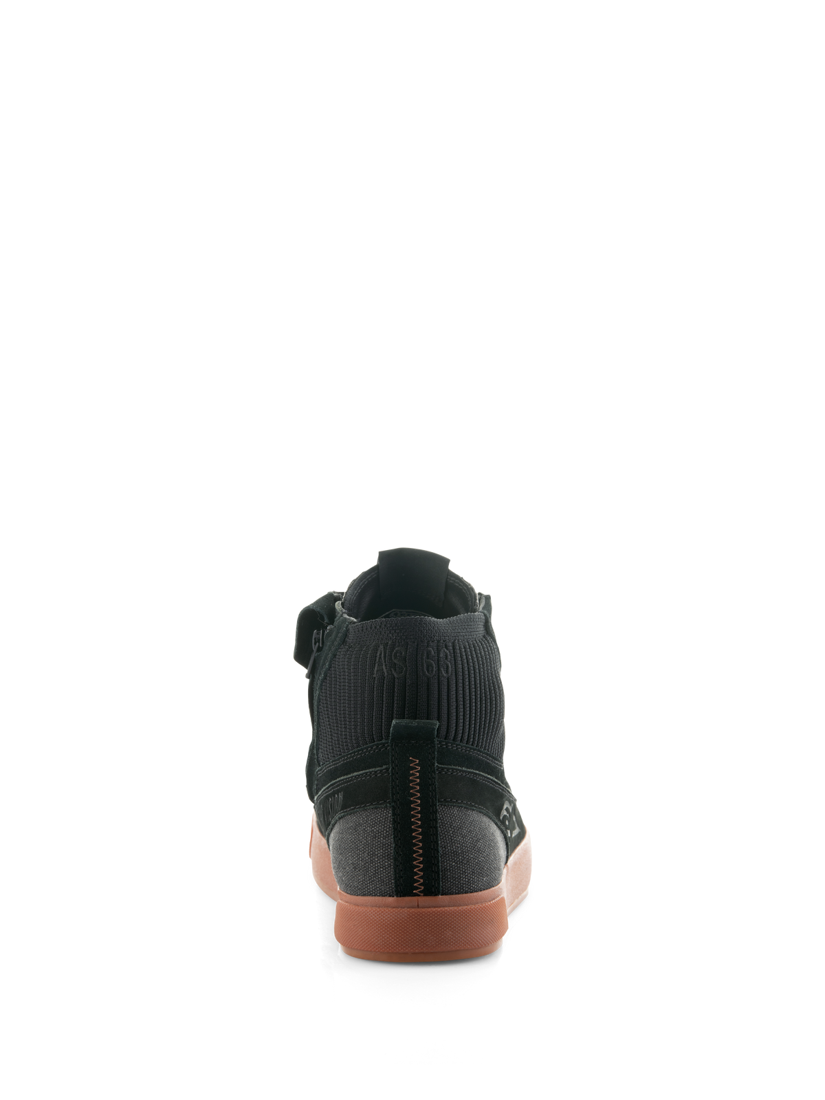 Alpinestars Stated Schuhe, Urban-Motorradschuhe in Black Gum, Rückansicht mit vulkanisierter Gummisohle, Obermaterial aus schwarzem Wildleder und Canvas, gerippter Strickkragen am Knöchel