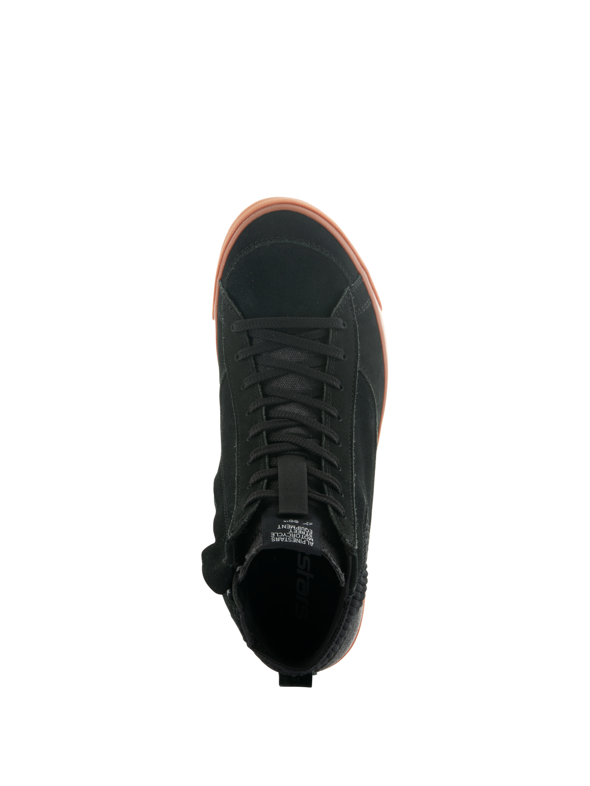 Alpinestars Stated Schuhe, Draufsicht eines urbanen Motorradschuhs, schwarzes Wildleder-Obermaterial mit gummifarbener vulkanisierter Sohle, minimalistisches, vom Skate-Stil inspiriertes Design, klassische Schnürsenkel und Street-Sneaker-Styling.