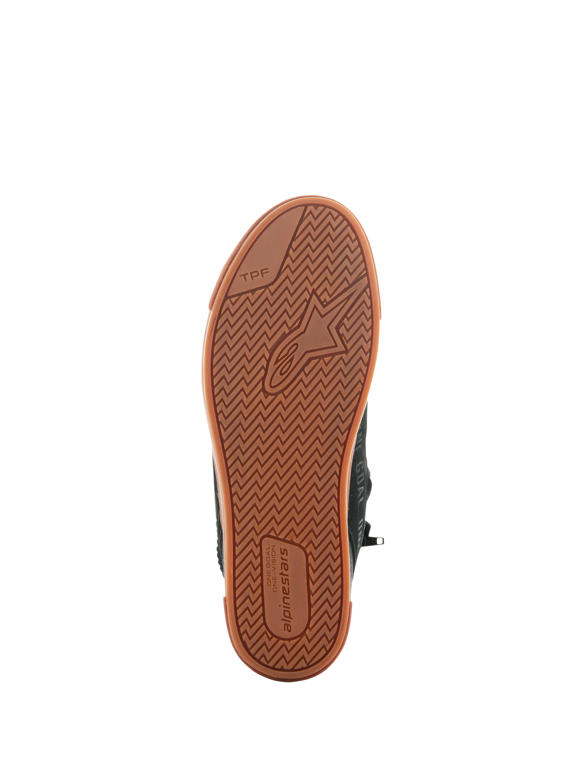 Alpinestars Stated Schuhe, Black Gum, Unteransicht der vulkanisierten Gummisohle mit Fischgräten-Traktionsprofil, Alpinestars-Logo und TPF (Transversal Protection Frame) Branding, urbanes Motorrad-Schuhwerk