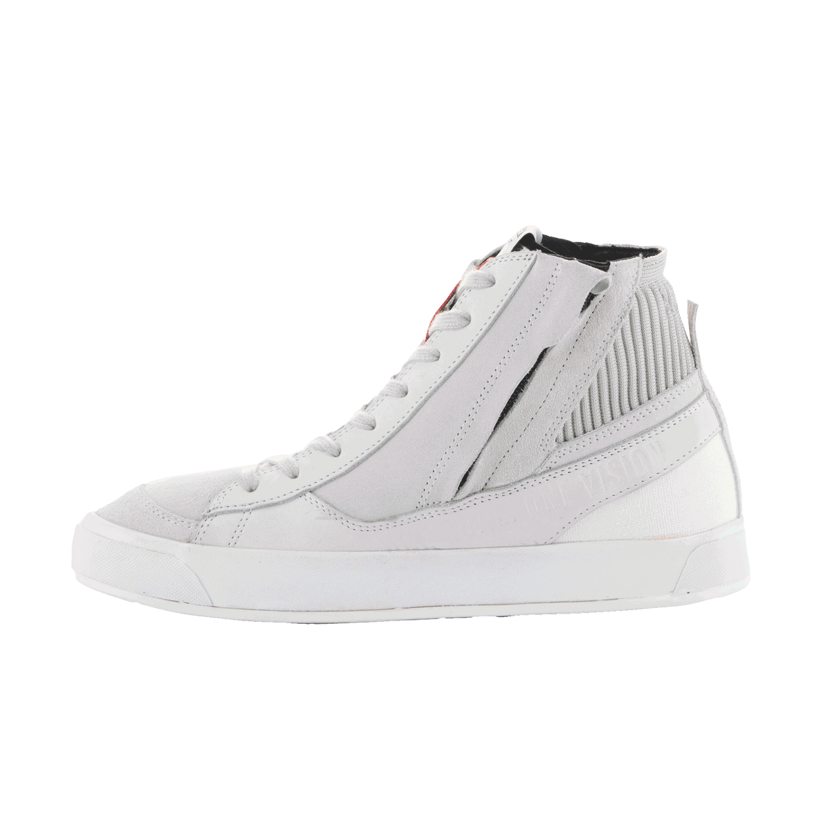 Alpinestars Stated Schuhe, Urban Motorradschuhe, Weiß und Grau, Nubuk- und Wildlederkonstruktion, High-Top-Sneaker-Stil mit vulkanisierter Sohle.