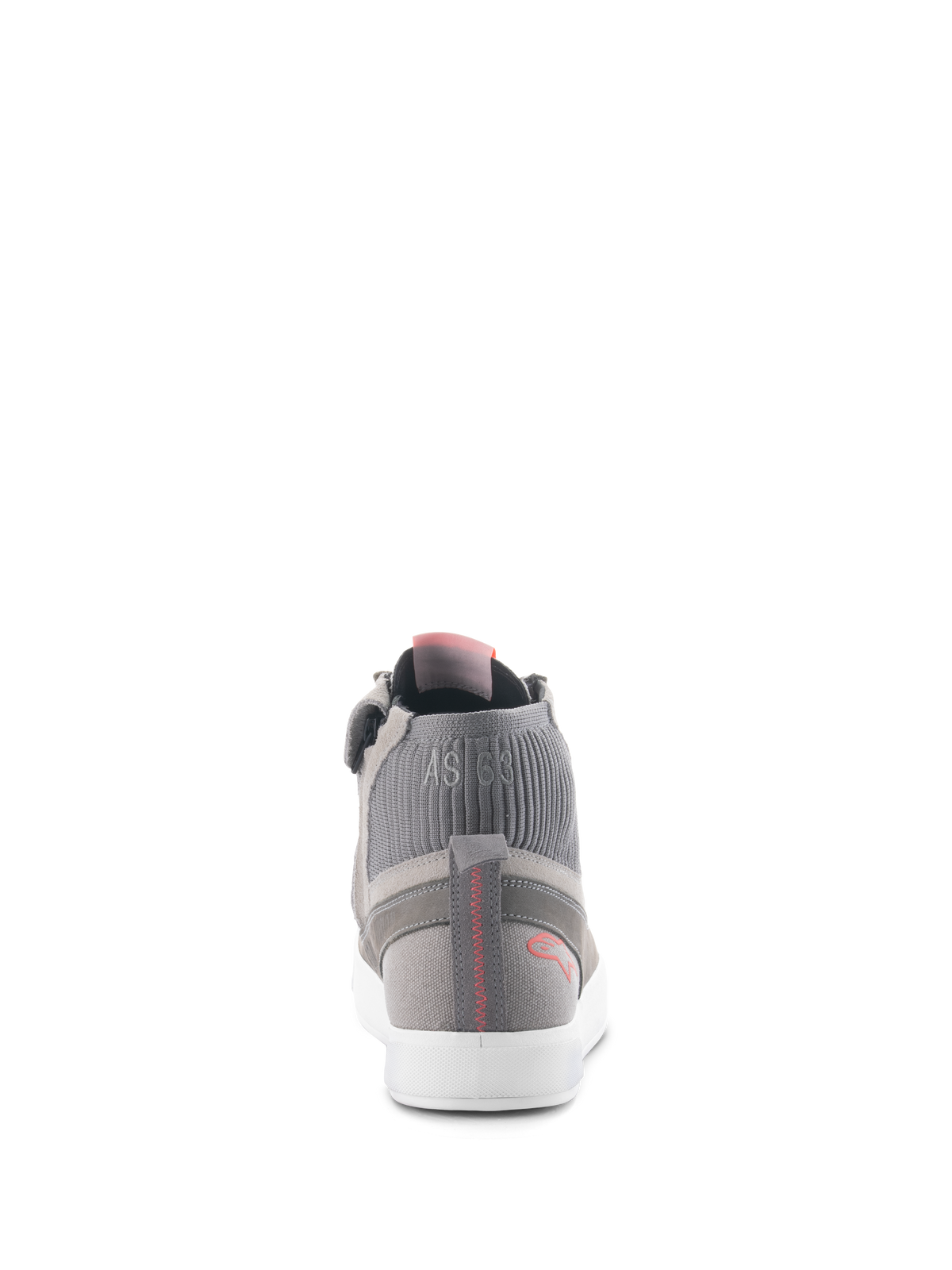 Alpinestars Stated Shoes, Urban Riding Shoes, Light Gray Red Fluo White, rear view showing ribbed knit ankle collar with 'AS 63' branding, white vulcanized sole, and red heel logo with stitched detail