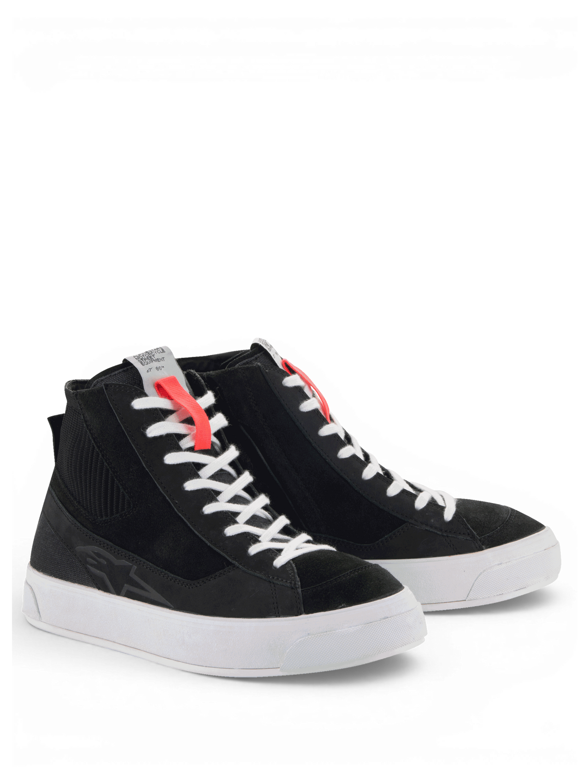 Alpinestars Stella Stated Podium Shoes, women's black urban motorcycle shoes with white soles and skate-inspired styling.