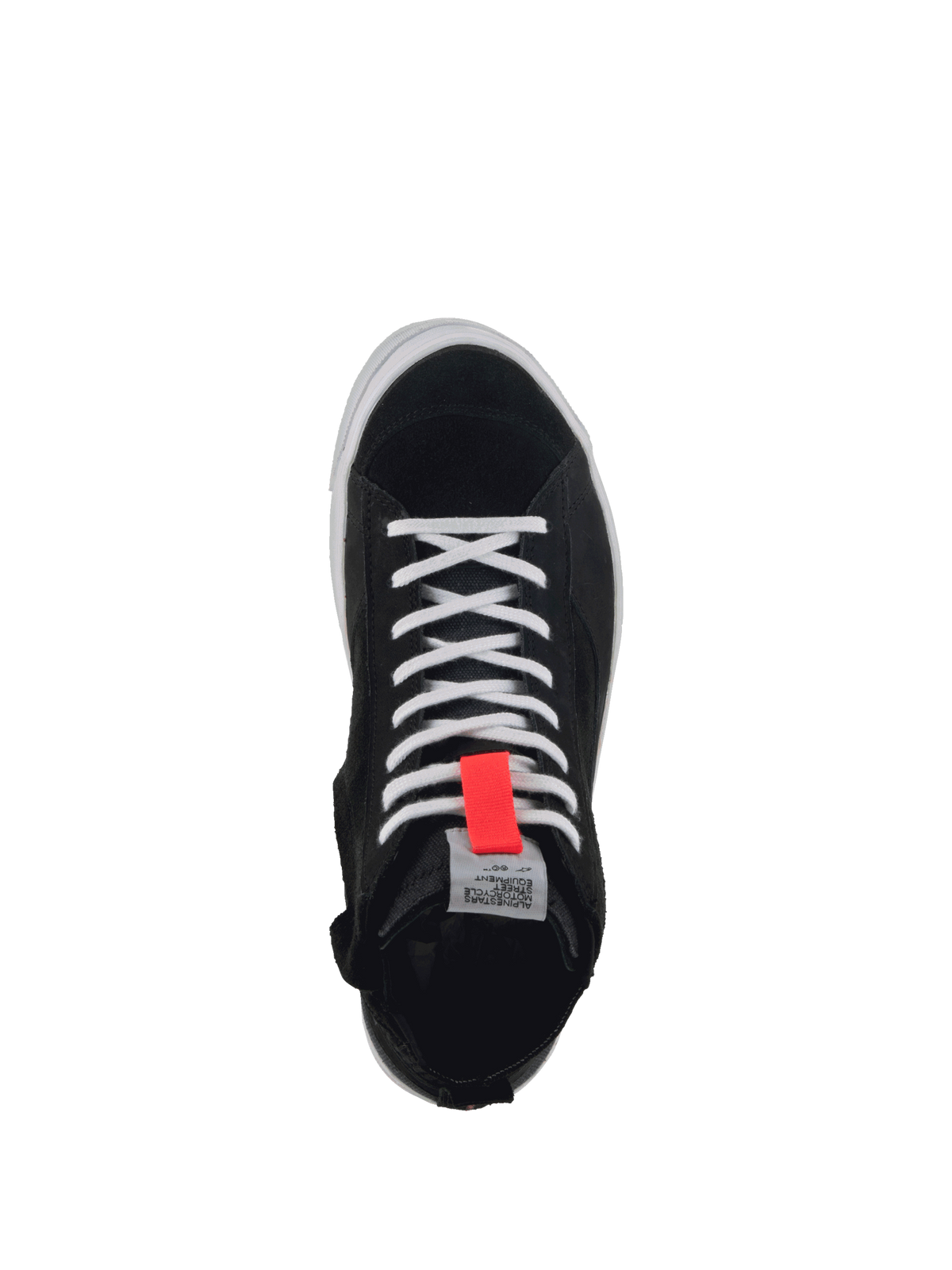 Alpinestars Stella Stated Podium Shoes, Women's Urban Motorcycle Riding Shoes, Black and White with Red detail, Top-down view showing split suede and canvas construction.