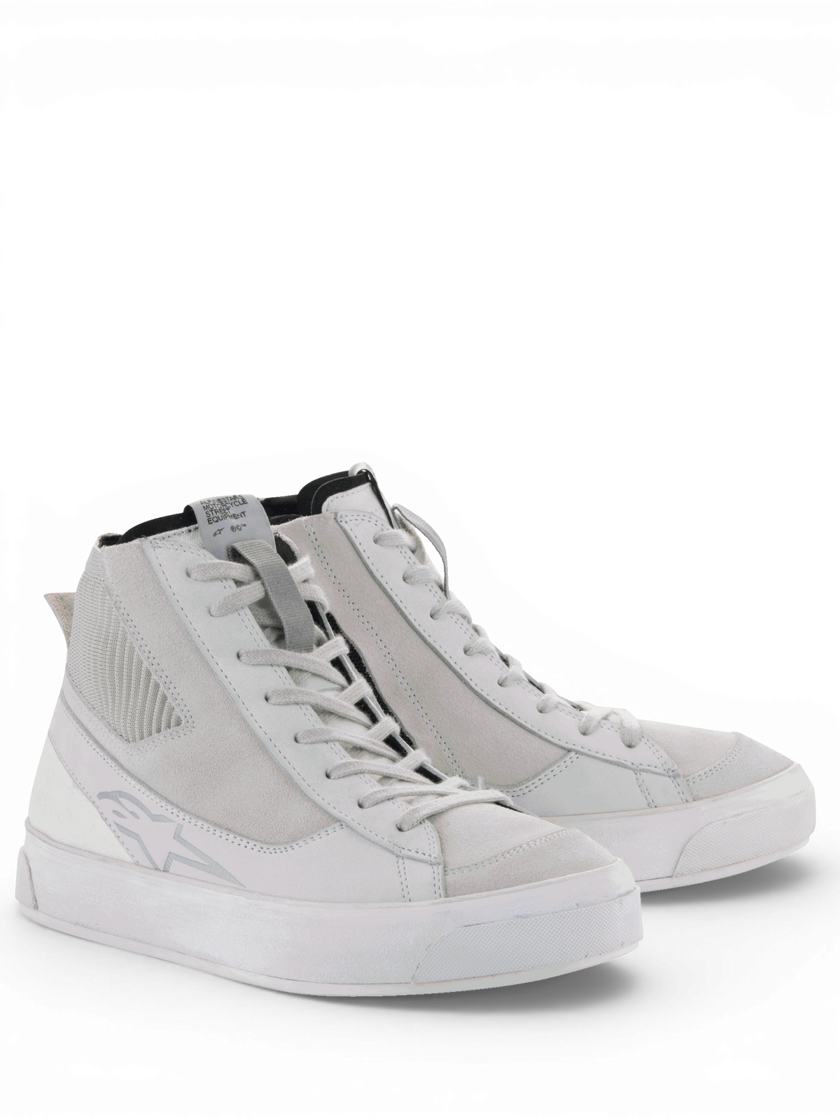 Alpinestars Stella Stated Podium Schuhe, urbane Motorradschuhe für Damen im Retro-Sneaker-Stil, Weiß und Grau, mit vulkanisierter Sohle und Nubukleder-Konstruktion.