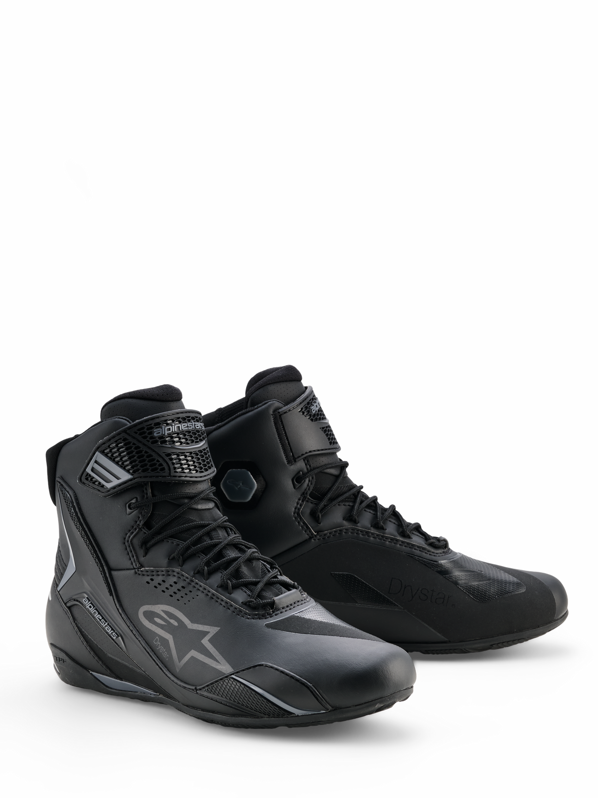 Alpinestars Faster-4 Drystar® Schuhe, Motorradschuhe in Black Cool Gray, High-Top-Design mit Schnürverschluss und verstellbarem Knöchelriemen, mit dem ikonischen Stern-Logo und Drystar-Branding, strapazierfähiges und wasserdichtes Sportschuhwerk