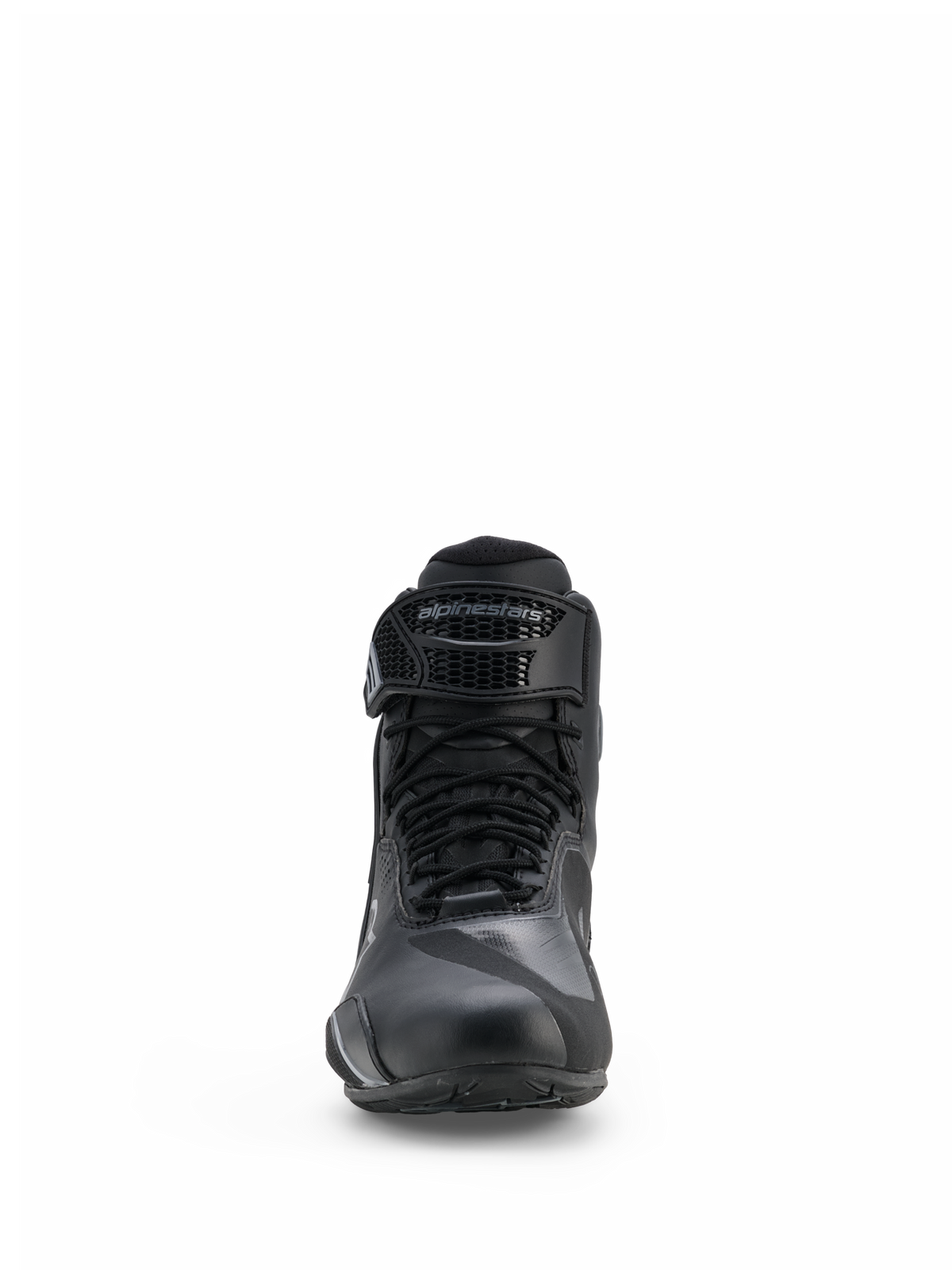 Alpinestars Faster-4 Drystar® Schuhe, Motorradschuhe, Schwarz und Cool Gray, Vorderansicht mit Schnürverschluss und verstellbarem Klettverschlussriemen mit Alpinestars-Branding, schlankes wasserdichtes Design für den Straßensport