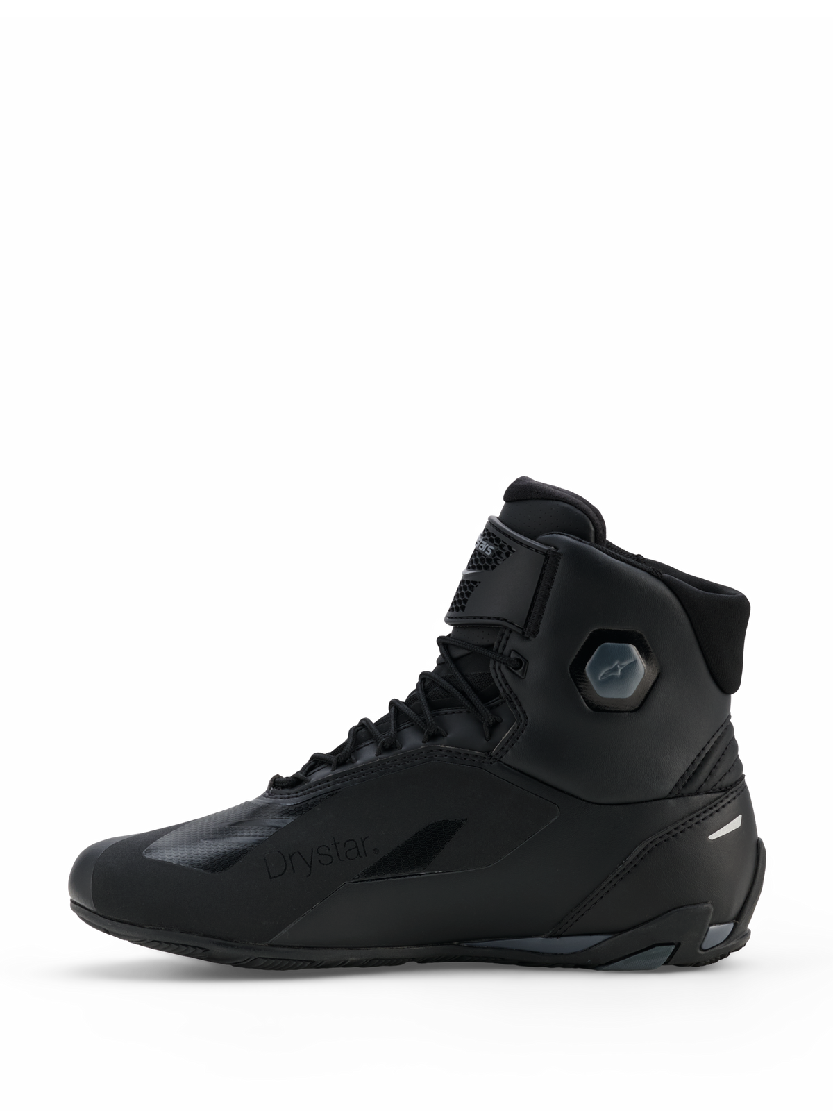 Alpinestars Faster-4 Drystar® Schuhe, Motorradschuhe, Black Cool Gray, Seitenansicht mit nahtloser Mikrofaser-Konstruktion, wasserdichtem Drystar®-Branding, Schnürverschluss mit Knöchelriemen und integrierter schützender Knöchelstruktur.