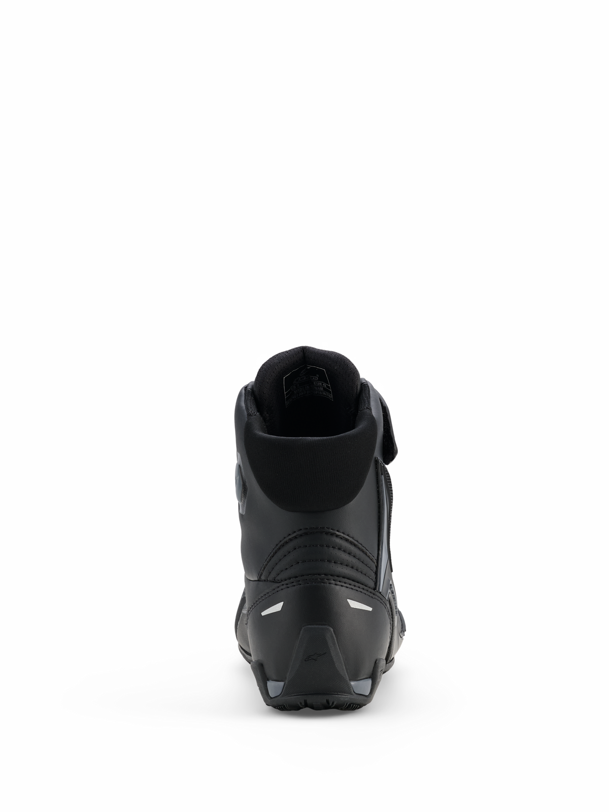 Alpinestars Faster-4 Drystar® Schuhe, Motorradschuhe, Schwarz Cool Gray, Rückansicht mit verstärkter Ferse, gepolstertem Schaftrand und reflektierenden Details, wasserdichte Mikrofaser-Konstruktion für sportliches Fahren