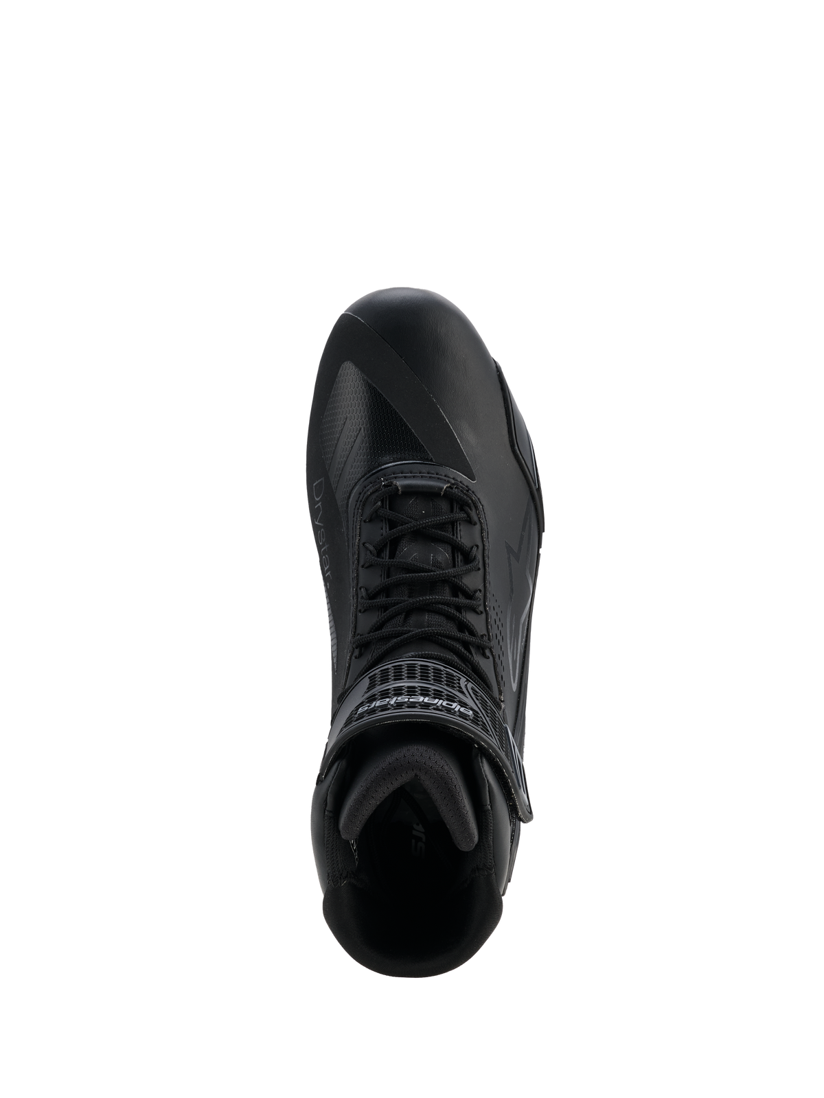 Alpinestars Faster-4 Drystar® Schuhe, Schwarz Cool Gray, Draufsicht eines Motorradschuhs, mit Schnürverschluss und Klettverschluss am Knöchel, nahtlose Mikrofaser-Konstruktion mit Drystar®-Branding, schlankes sportliches Profil für geschützte Straßenfahrten.