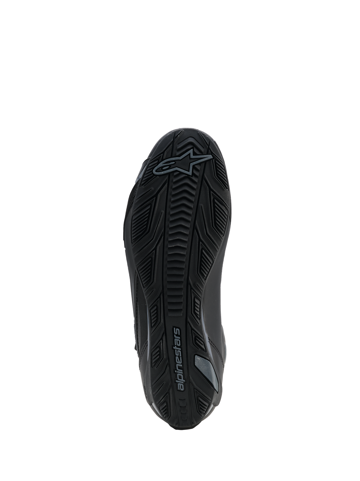 Alpinestars Faster-4 Drystar® Schuhe, Schwarz Cool Gray, Ansicht der Unterseite mit strukturierter Gummisohle, Griffmuster und Alpinestars-Logo, verstärktes Design für Stabilität und Traktion.